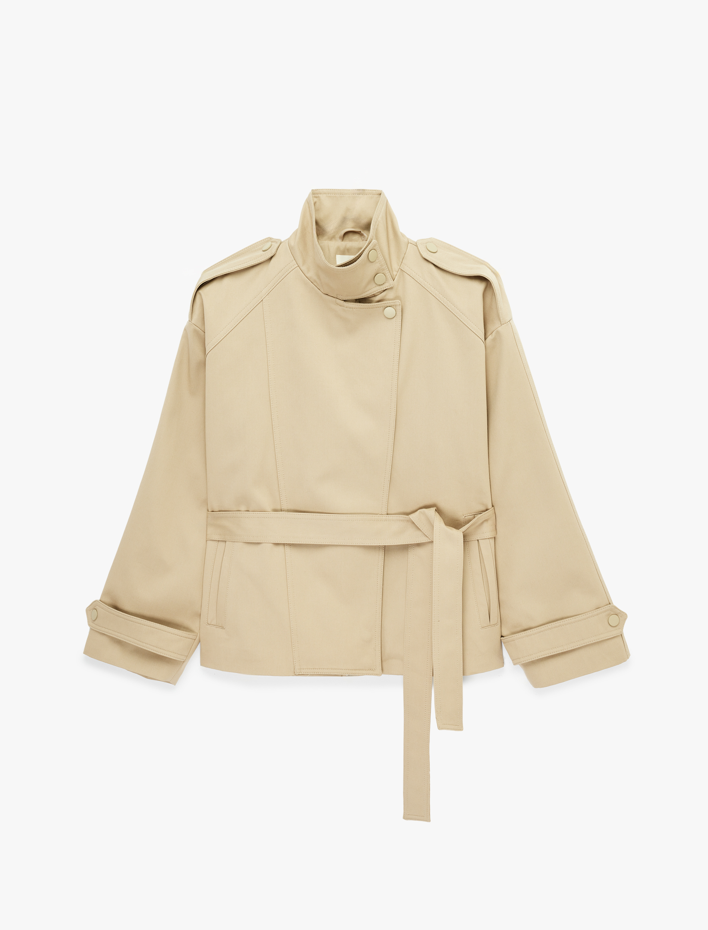   Pamuklu Cep Detaylı Fermuarlı Dik Yaka Kemerli Trençkot