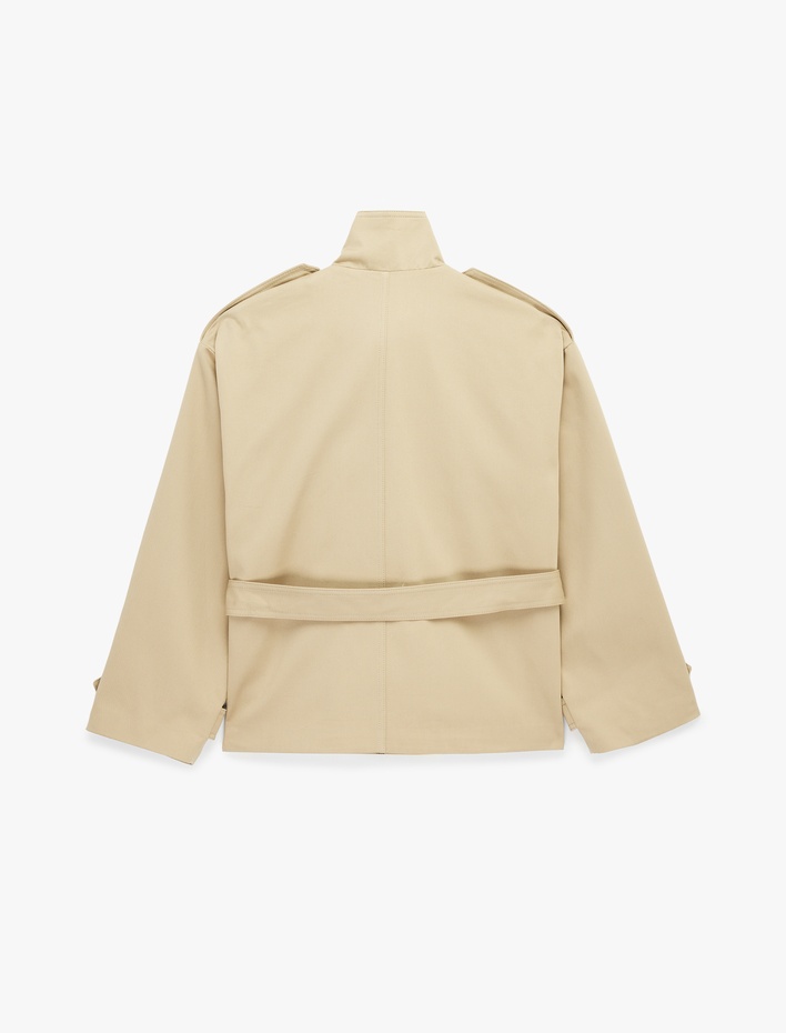  Pamuklu Cep Detaylı Fermuarlı Dik Yaka Kemerli Trençkot