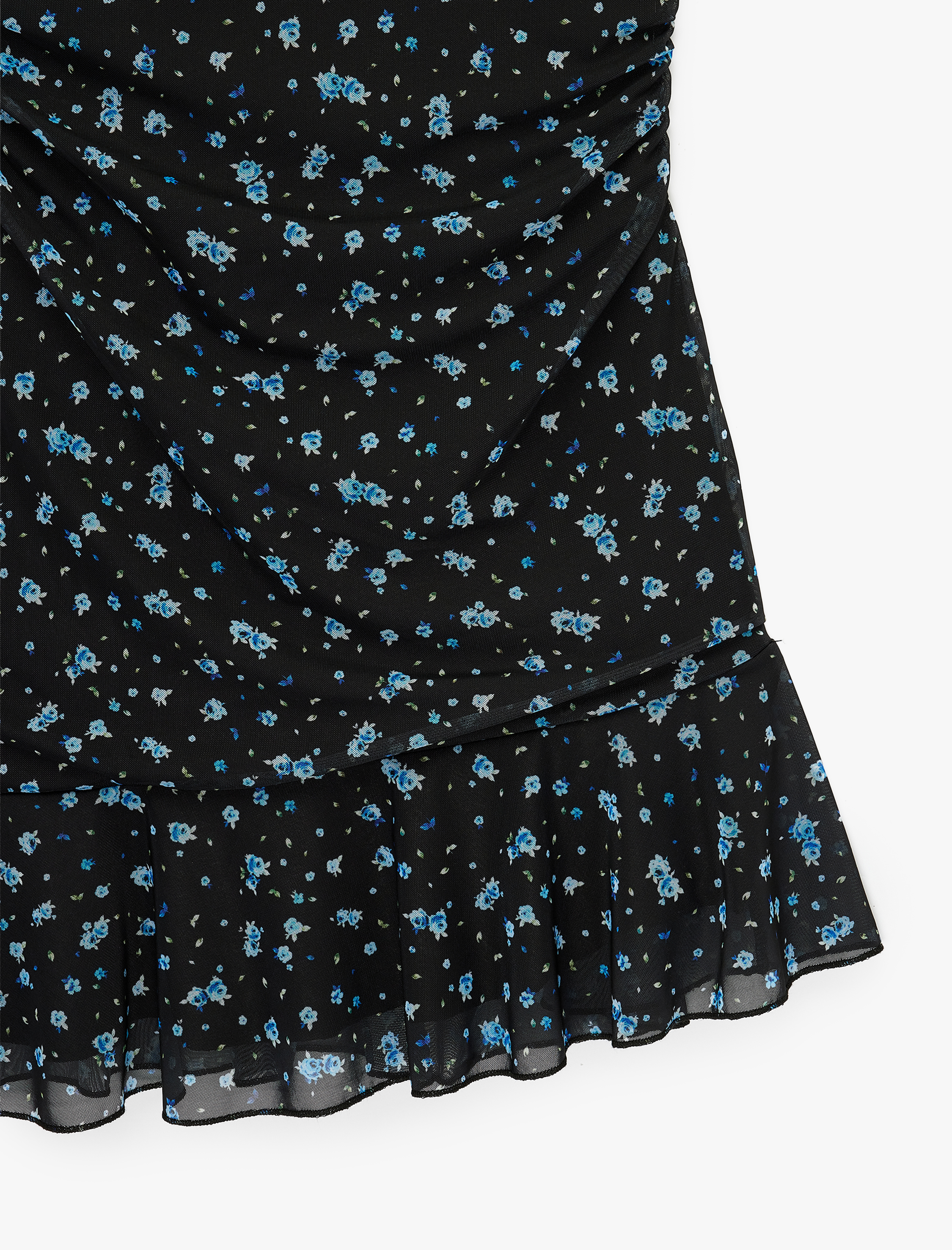   Asimetrik Kesim Kolsuz Bisiklet Yaka Büzgülü Kloş Tül Çiçekli Elbise