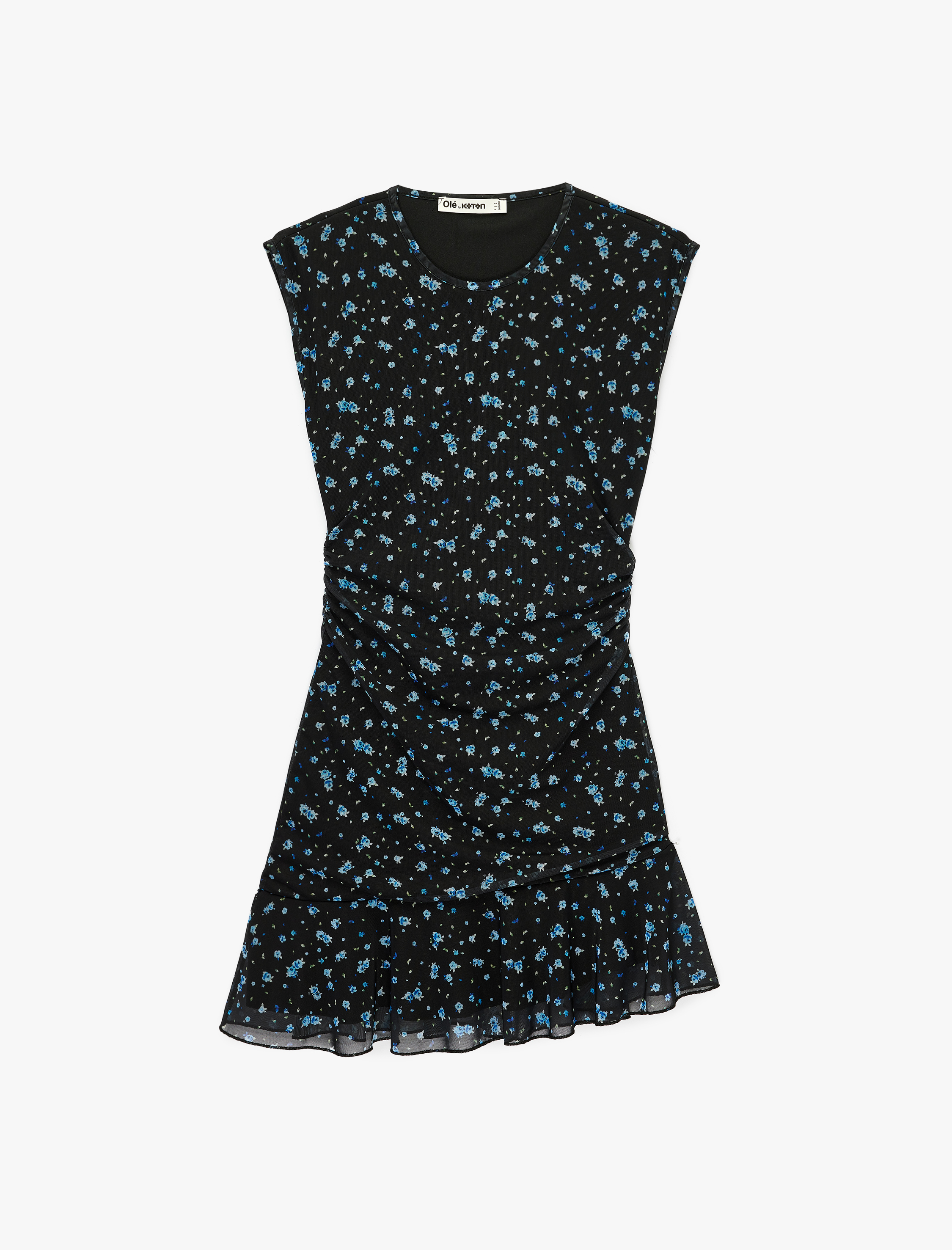   Asimetrik Kesim Kolsuz Bisiklet Yaka Büzgülü Kloş Tül Çiçekli Elbise