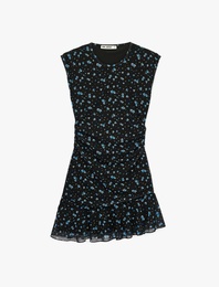 Asimetrik Kesim Kolsuz Bisiklet Yaka Büzgülü Kloş Tül Çiçekli Elbise