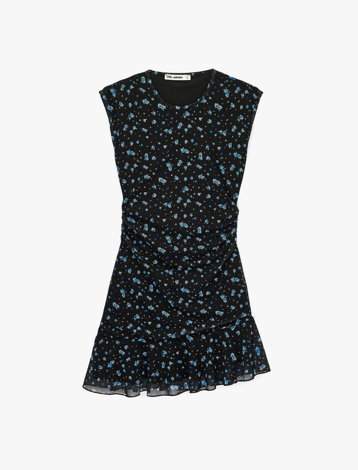  Asimetrik Kesim Kolsuz Bisiklet Yaka Büzgülü Kloş Tül Çiçekli Elbise