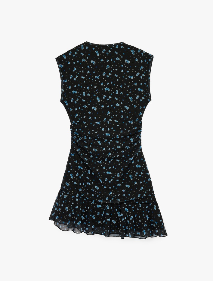  Asimetrik Kesim Kolsuz Bisiklet Yaka Büzgülü Kloş Tül Çiçekli Elbise