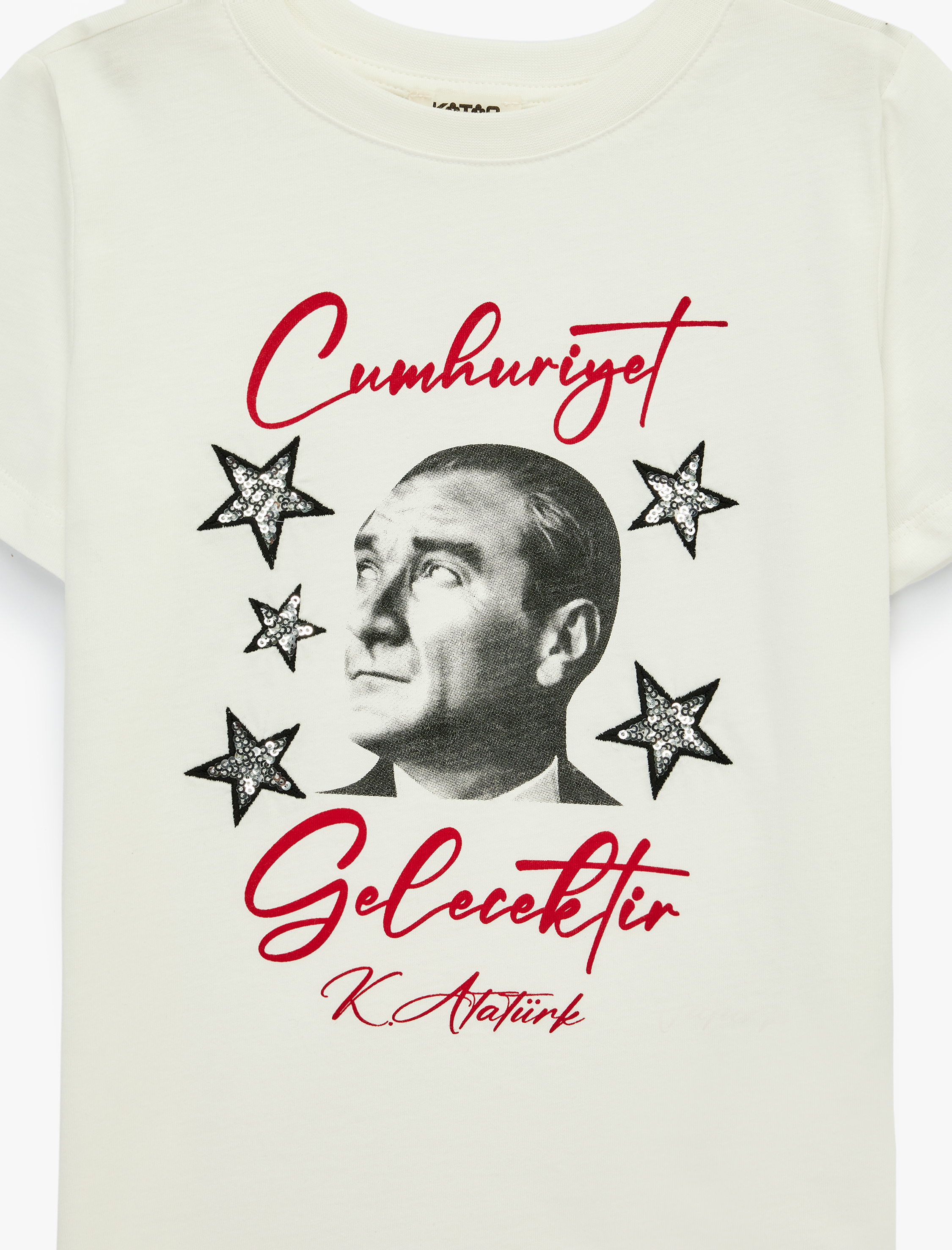  Kız Çocuk Pullu Payetli Bisiklet Yaka Kısa Kollu Pamuklu Atatürk Baskılı Tişört