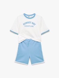 Reglan Kol Bisiklet Yaka Baskılı Şort Tişört Takım