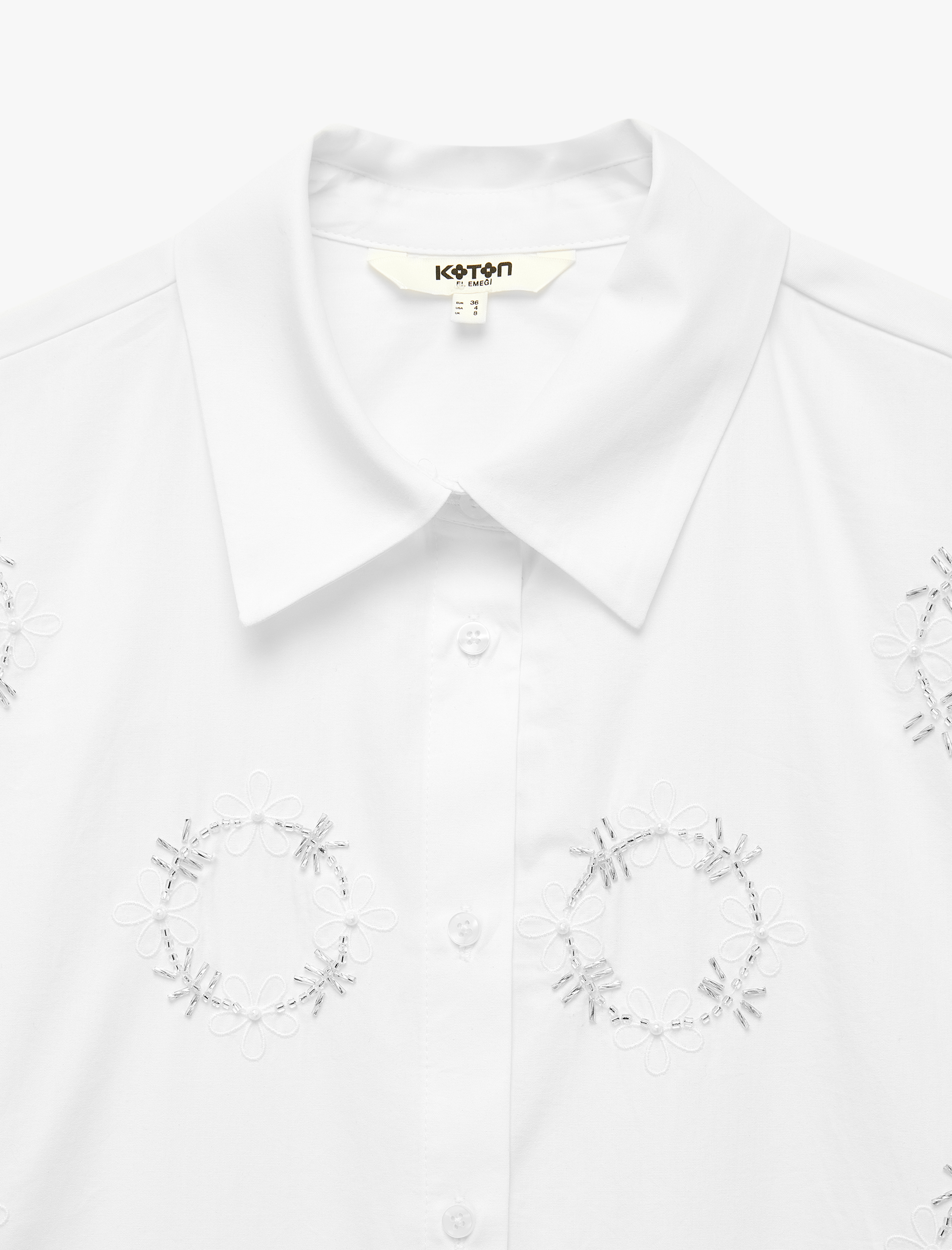   Pamuklu Uzun Kollu Boncuk Nakış Detaylı Poplin Oversize Gömlek