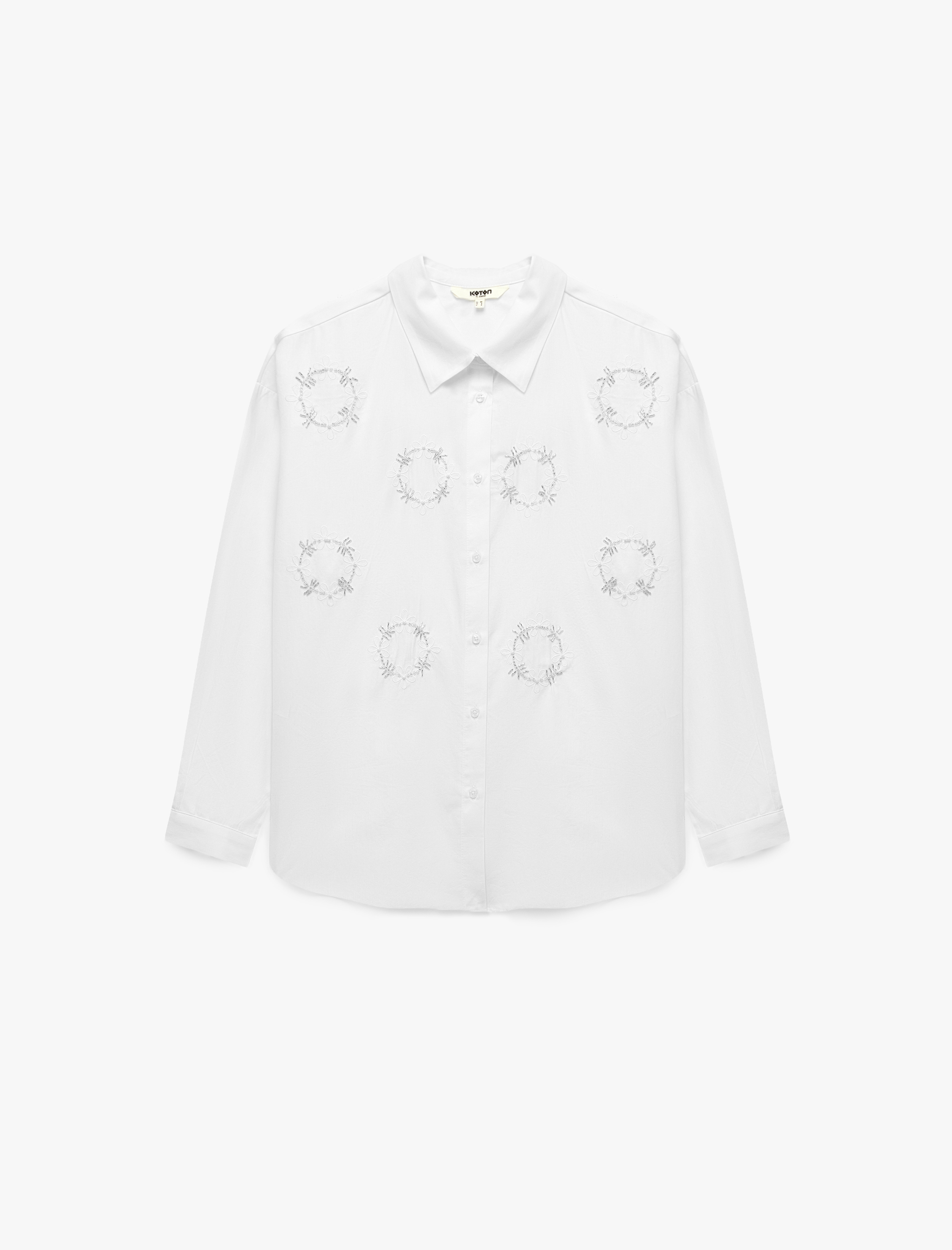   Pamuklu Uzun Kollu Boncuk Nakış Detaylı Poplin Oversize Gömlek