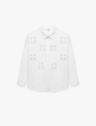 Pamuklu Uzun Kollu Boncuk Nakış Detaylı Poplin Oversize Gömlek