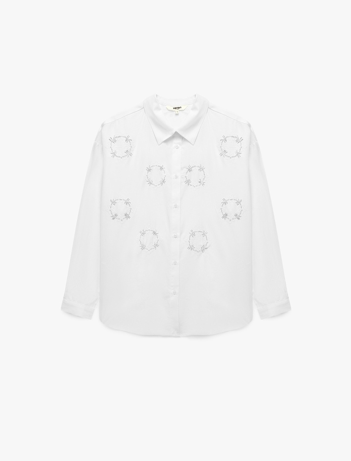  Pamuklu Uzun Kollu Boncuk Nakış Detaylı Poplin Oversize Gömlek