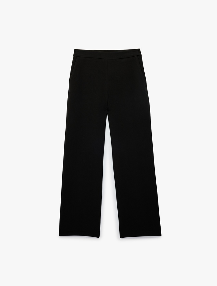  Yüksek Bel Cep Detaylı Geniş Paça Kumaş Pantolon