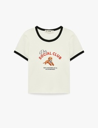 Pamuklu Kısa Kollu Biyeli Bisiklet Yaka Köpek Baskılı Tişört