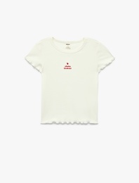 Nakış Detaylı Kısa Kollu Bisiklet Yaka Pamuklu Tişört