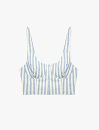 Keten Karışımlı Slim Fit U Yaka Askılı Çizgili Crop Büstiyer