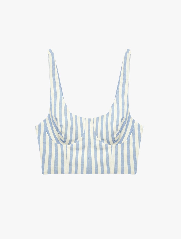  Keten Karışımlı Slim Fit U Yaka Askılı Çizgili Crop Büstiyer