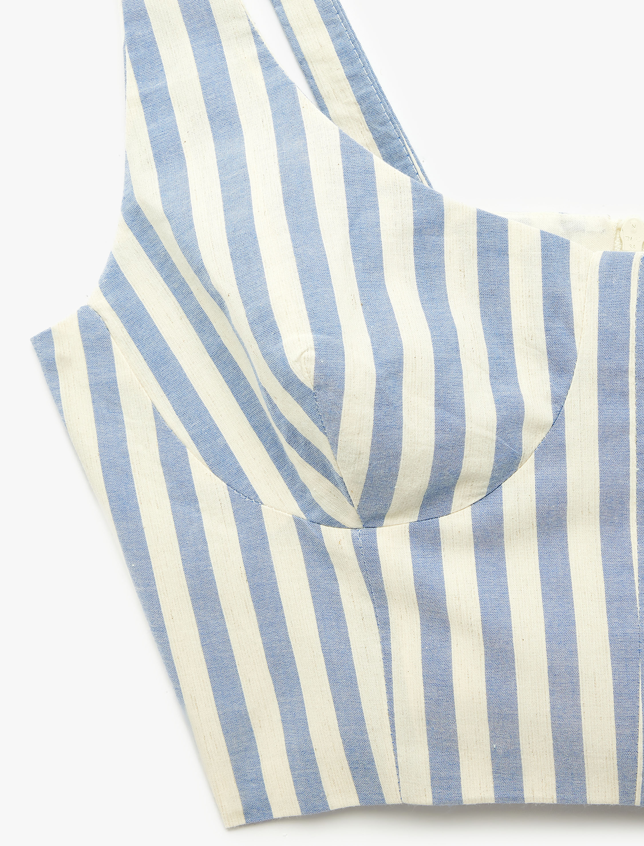   Keten Karışımlı Slim Fit U Yaka Askılı Çizgili Crop Büstiyer