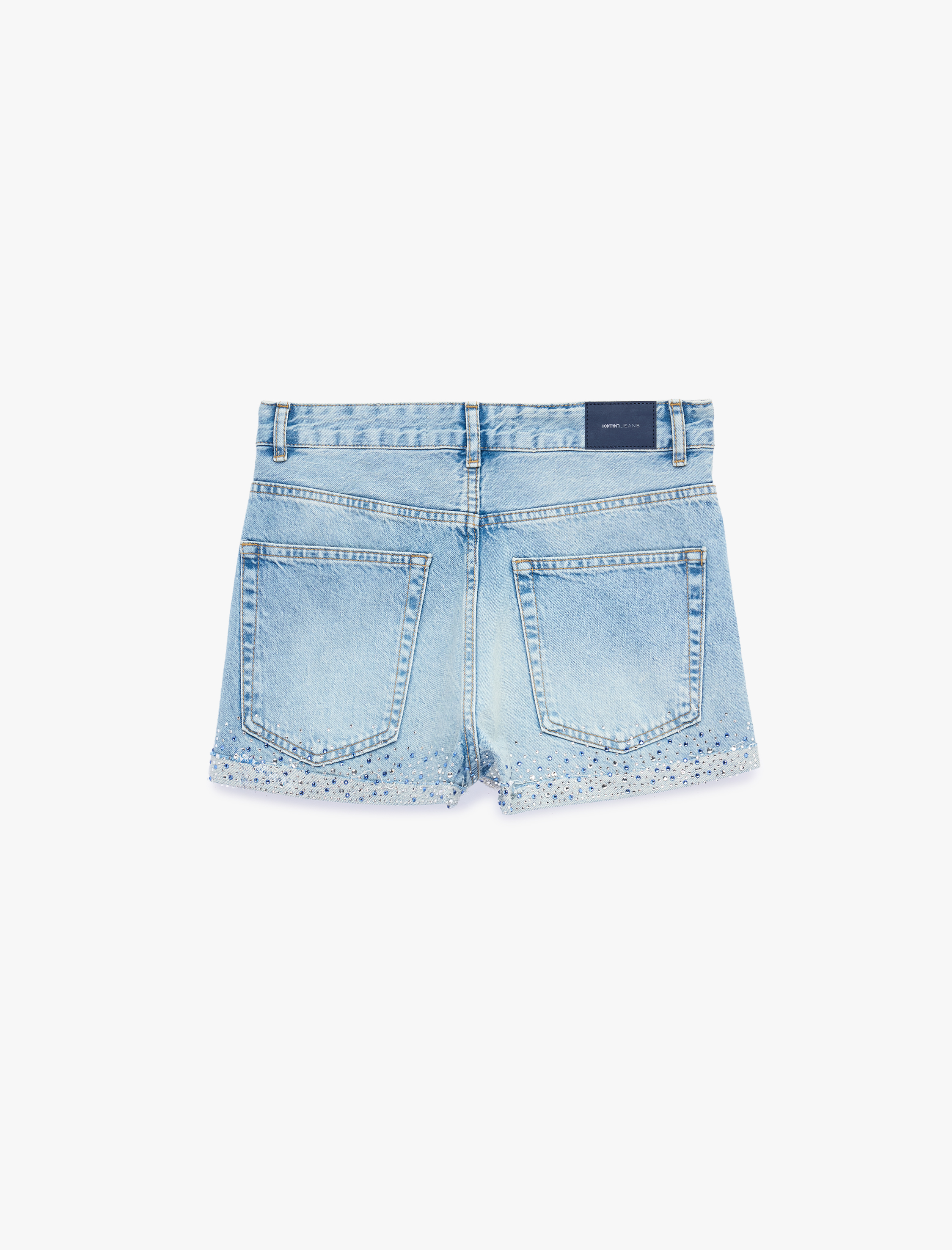   Taş Detaylı Pamuklu Düğmeli Cepli Mini Denim Şort