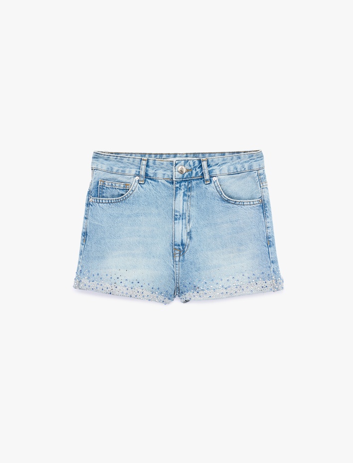  Taş Detaylı Pamuklu Düğmeli Cepli Mini Denim Şort