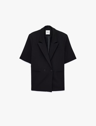 Kısa Kollu Düğmeli Cep Detaylı Kruvaze Yaka Blazer Ceket