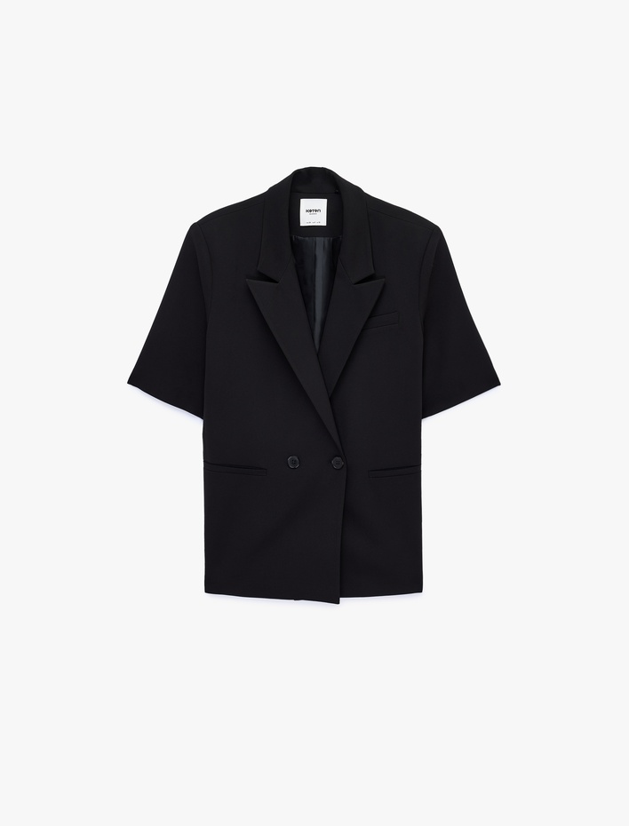  Kısa Kollu Düğmeli Cep Detaylı Kruvaze Yaka Blazer Ceket
