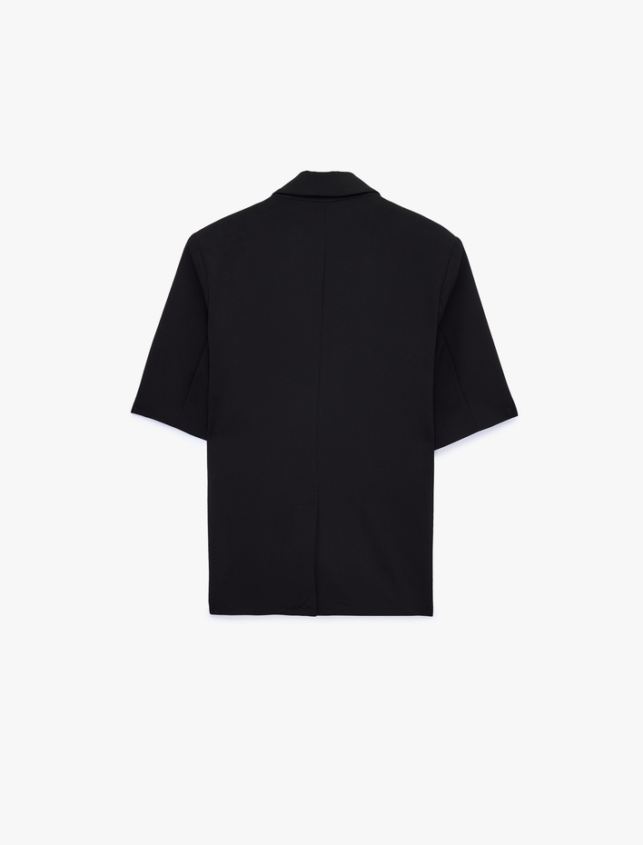  Kısa Kollu Düğmeli Cep Detaylı Kruvaze Yaka Blazer Ceket