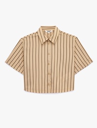 Salda Kumaş Regular Fit Kısa Kollu Çizgili Crop Gömlek