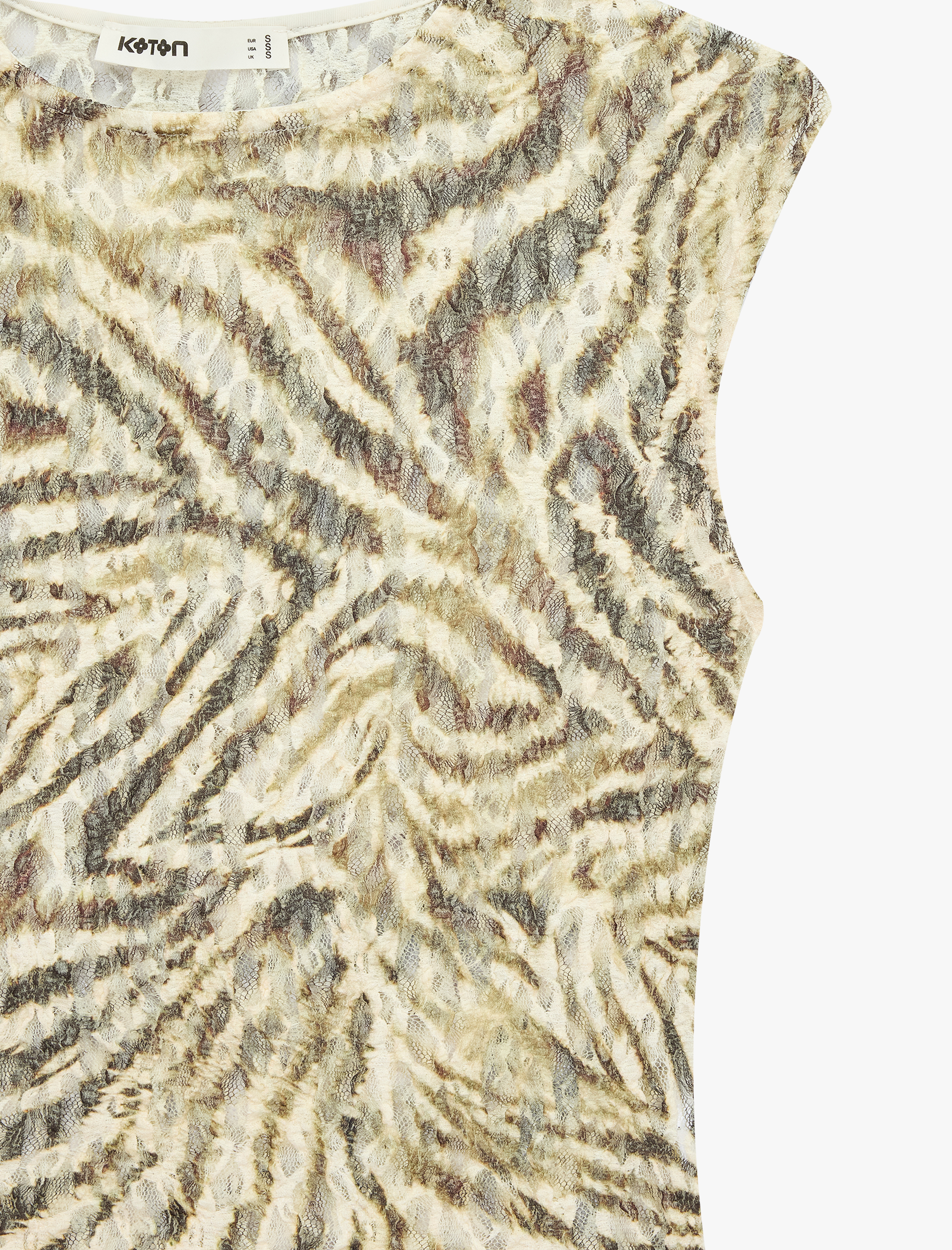   Slim Fit Yarı Transparan Bisiklet Yaka Kolsuz Desenli Dantelli Bluz