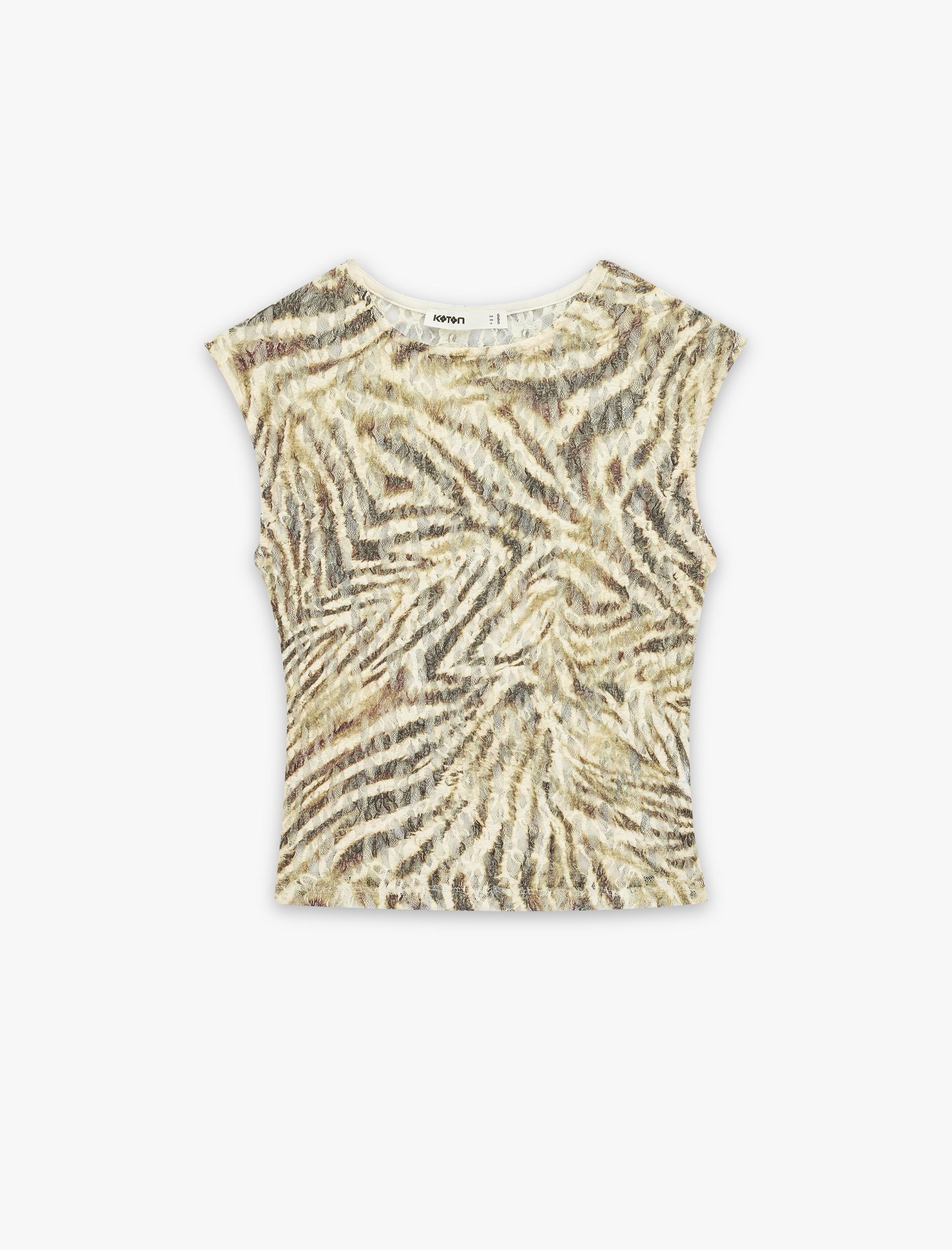   Slim Fit Yarı Transparan Bisiklet Yaka Kolsuz Desenli Dantelli Bluz