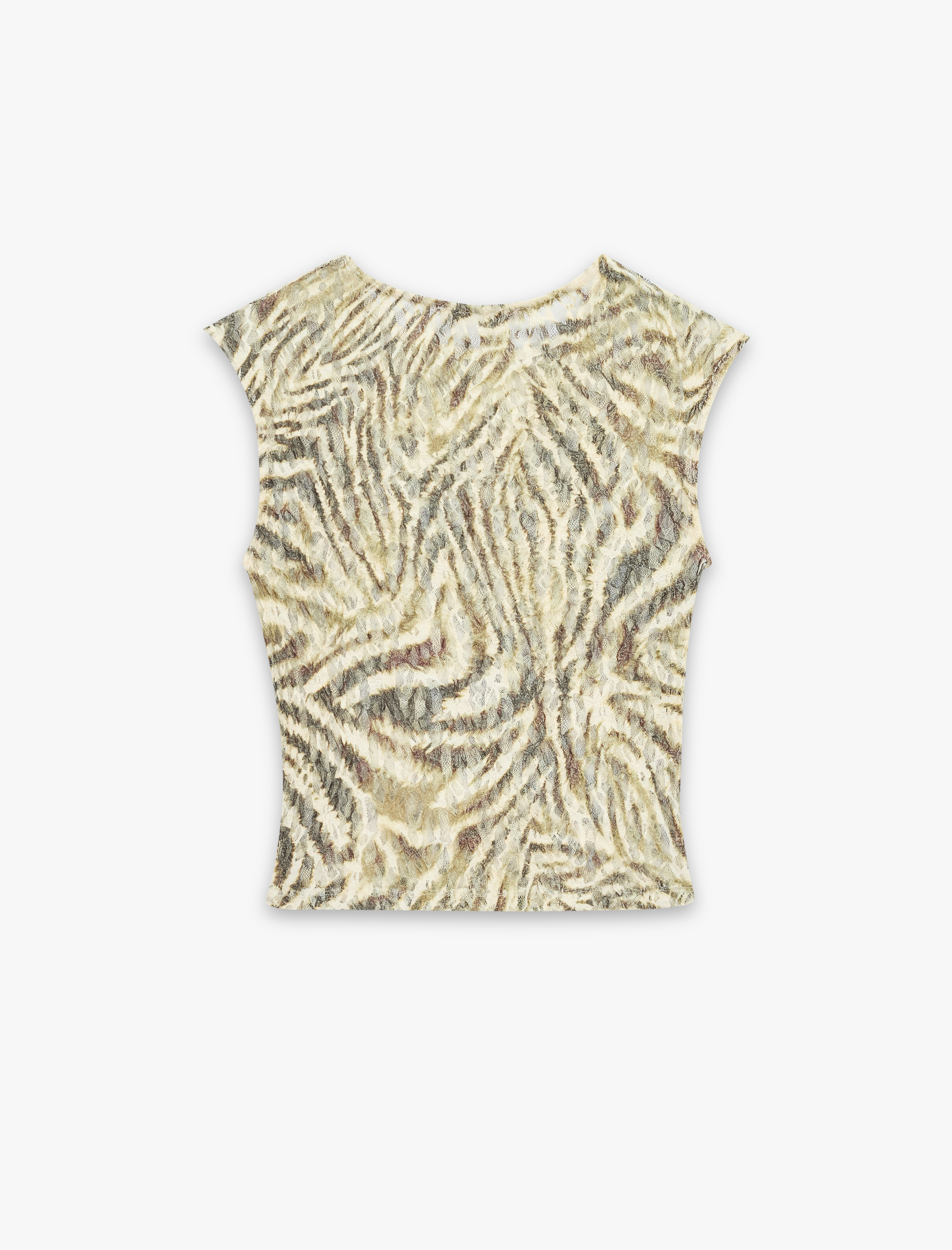   Slim Fit Yarı Transparan Bisiklet Yaka Kolsuz Desenli Dantelli Bluz