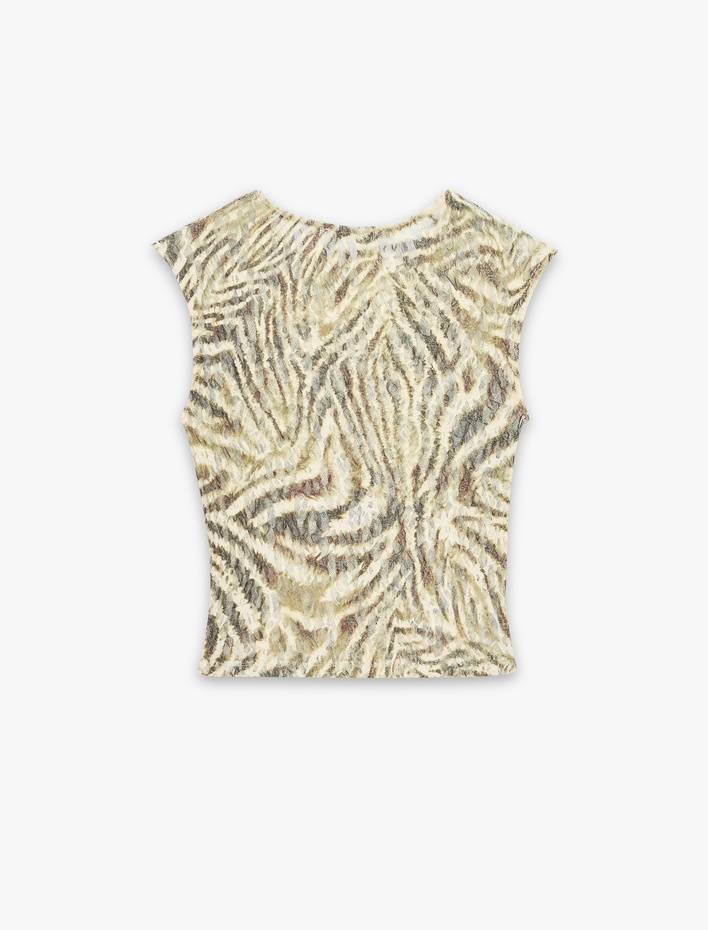  Slim Fit Yarı Transparan Bisiklet Yaka Kolsuz Desenli Dantelli Bluz