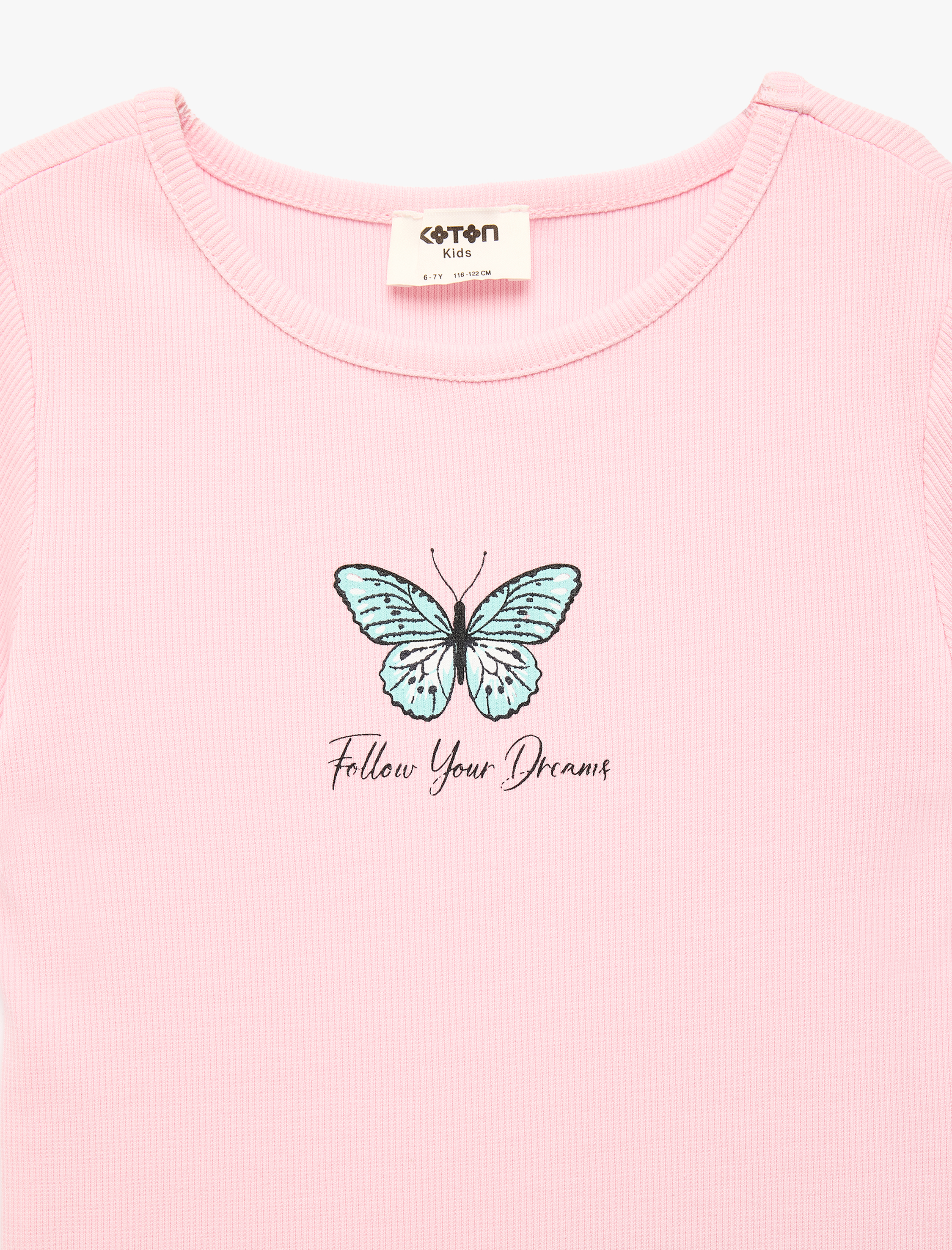  Kız Çocuk Kelebek Baskılı Ribanalı Bisiklet Yaka Kısa Kollu Pamuklu Tişört