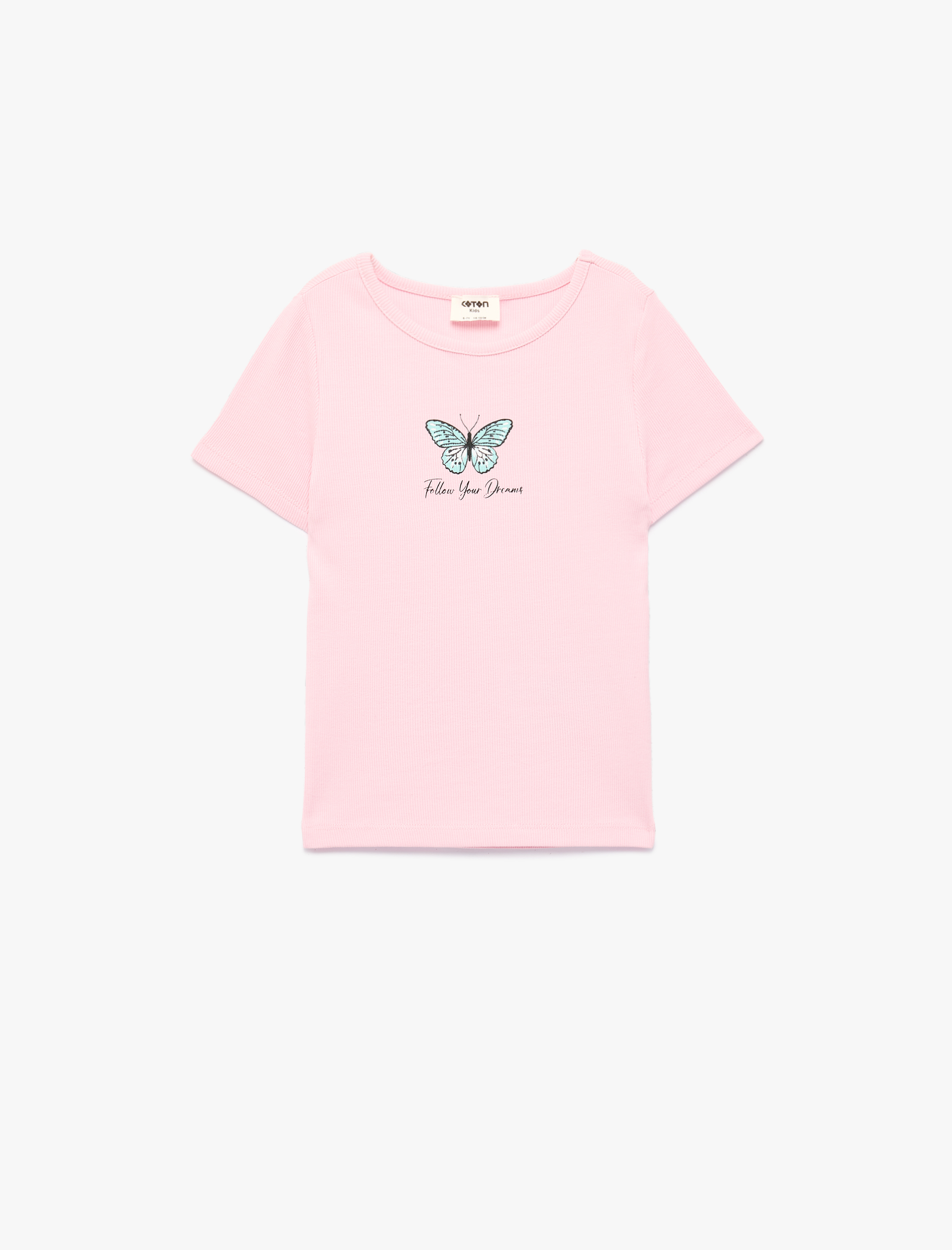  Kız Çocuk Kelebek Baskılı Ribanalı Bisiklet Yaka Kısa Kollu Pamuklu Tişört