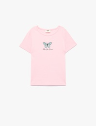 Kelebek Baskılı Ribanalı Bisiklet Yaka Kısa Kollu Pamuklu Tişört