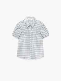 Gofre Kumaş Düğmeli Kısa Kollu Klasik Yaka Slim Fit Kareli Gömlek