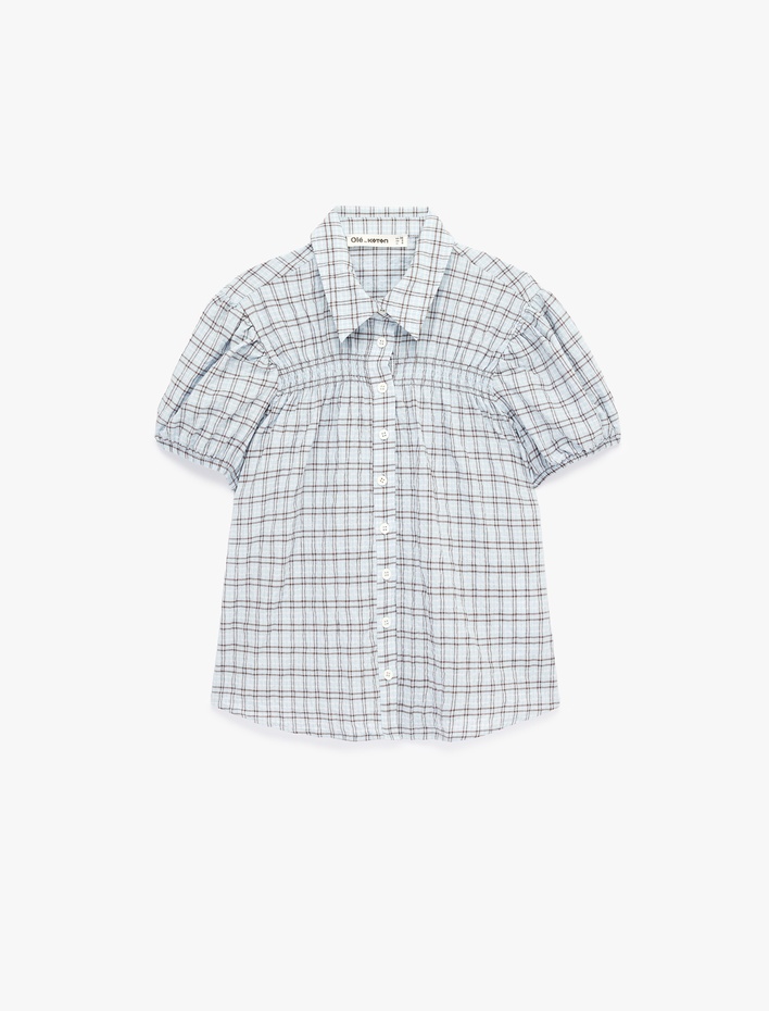  Gofre Kumaş Düğmeli Kısa Kollu Klasik Yaka Slim Fit Kareli Gömlek