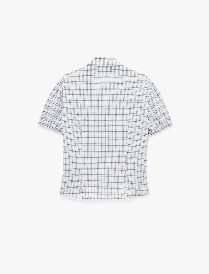  Gofre Kumaş Düğmeli Kısa Kollu Klasik Yaka Slim Fit Kareli Gömlek