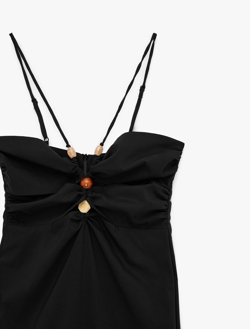 Siyah Kadın Slim Fit Büzgülü Boncuk Detaylı İp Askılı Midi Elbise