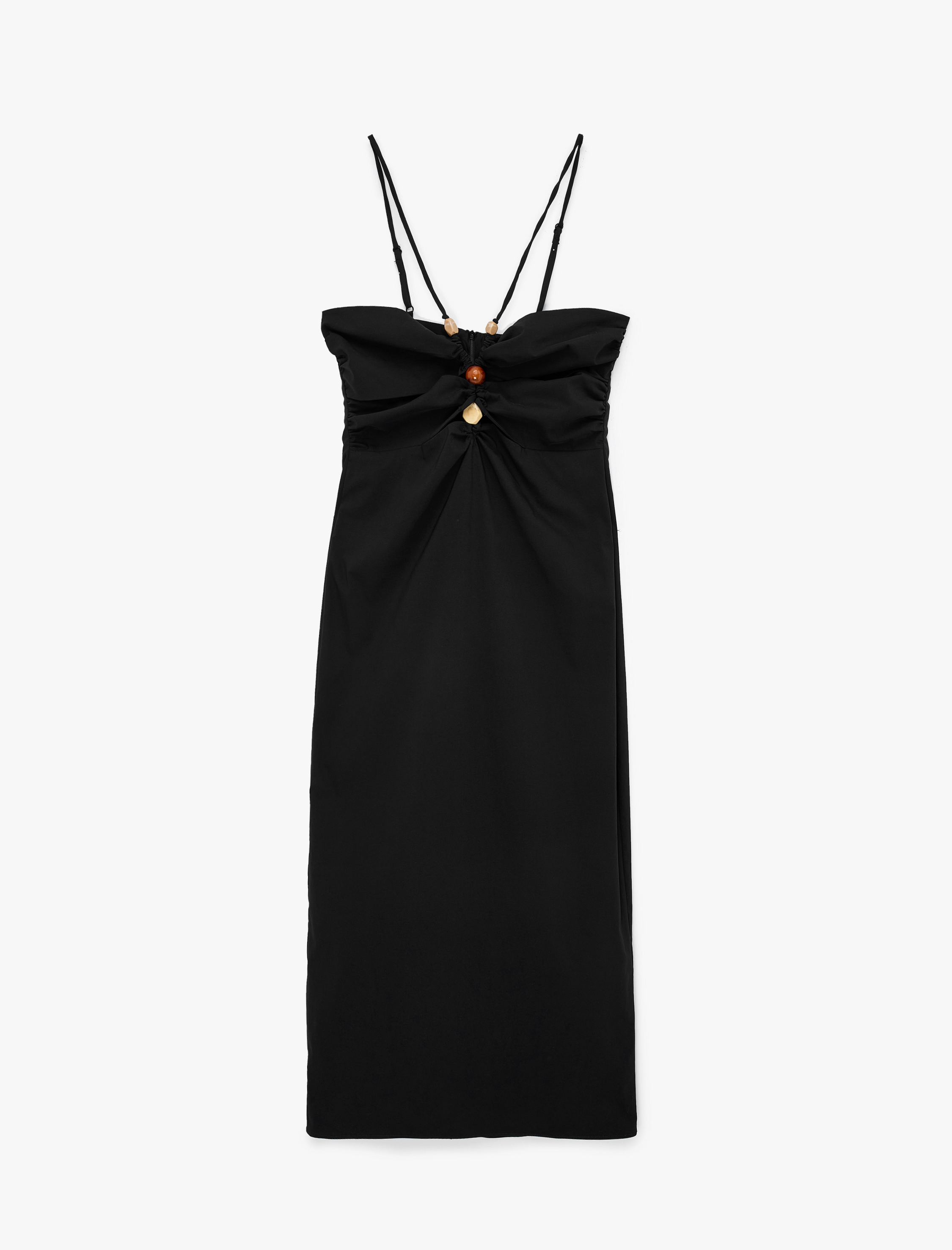   Slim Fit Büzgülü Boncuk Detaylı İp Askılı Midi Elbise