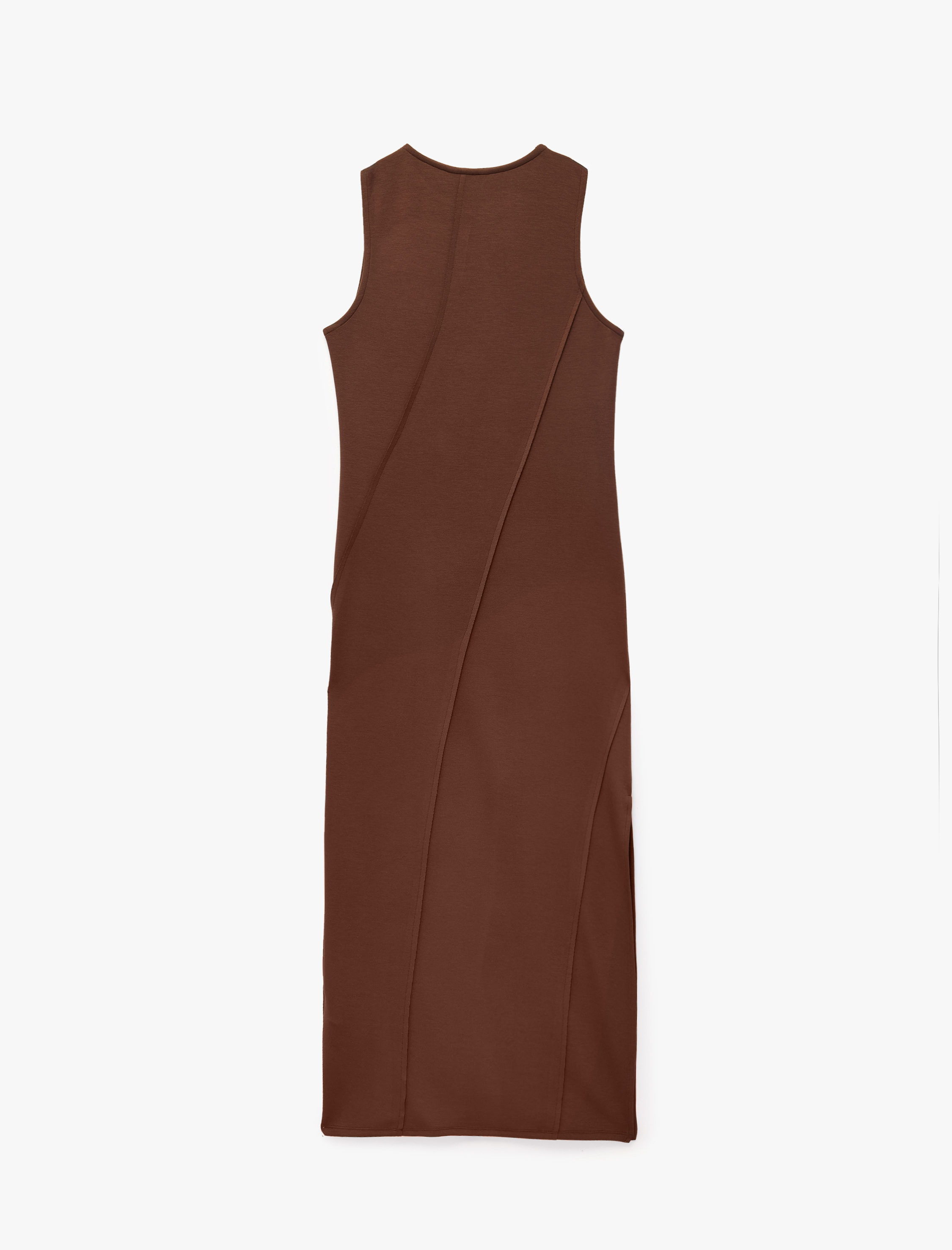   Viskon Karışımlı Slim Fit Yırtmaçlı Kolsuz Bisiklet Yaka Bodycon Kalem Uzun Elbise