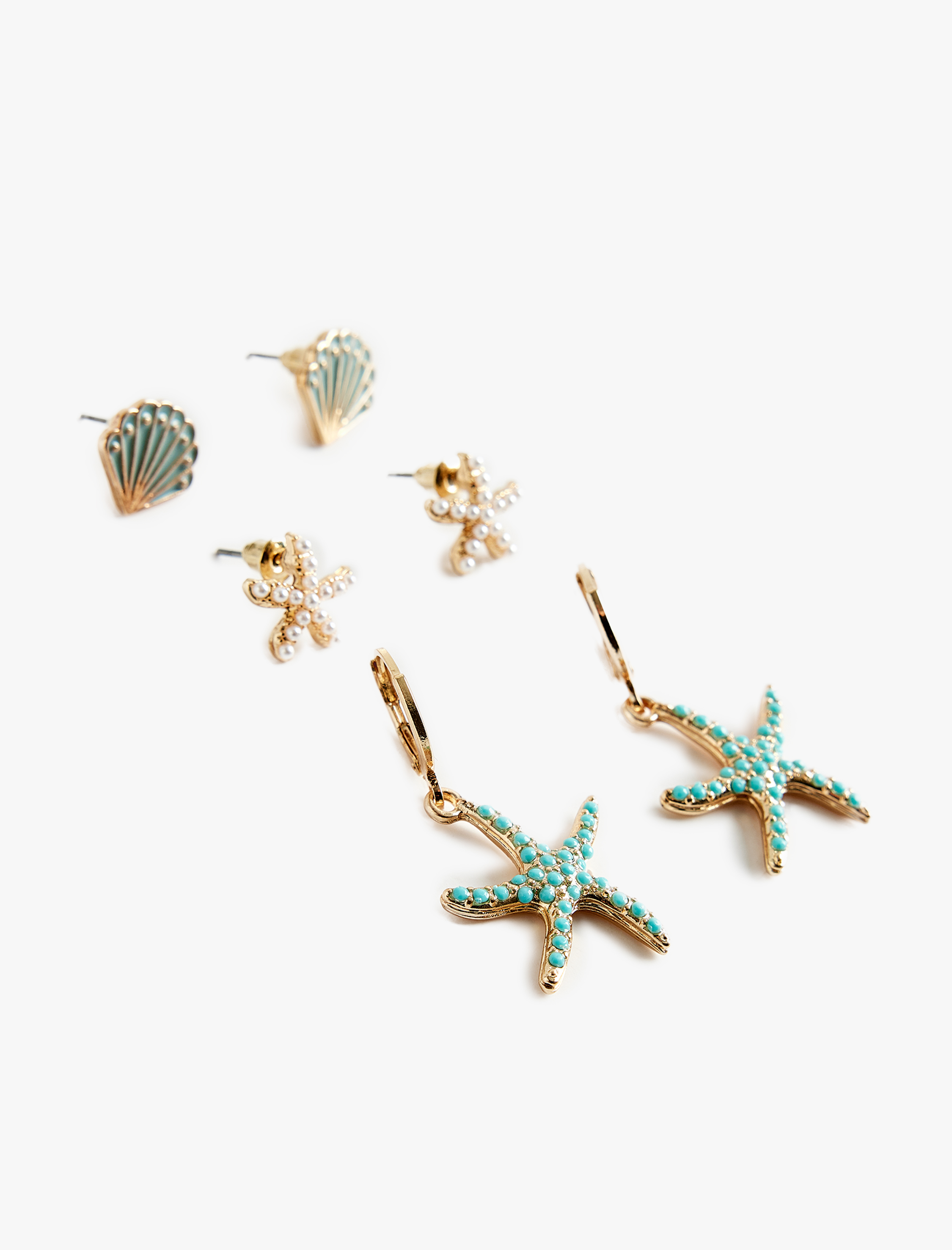  Kadın 3'lü Boncuk Detaylı Çelik Karışımlı Deniz Yıldızı Küpe Seti