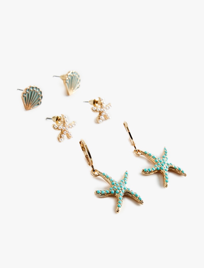 Kadın 3'lü Boncuk Detaylı Çelik Karışımlı Deniz Yıldızı Küpe Seti