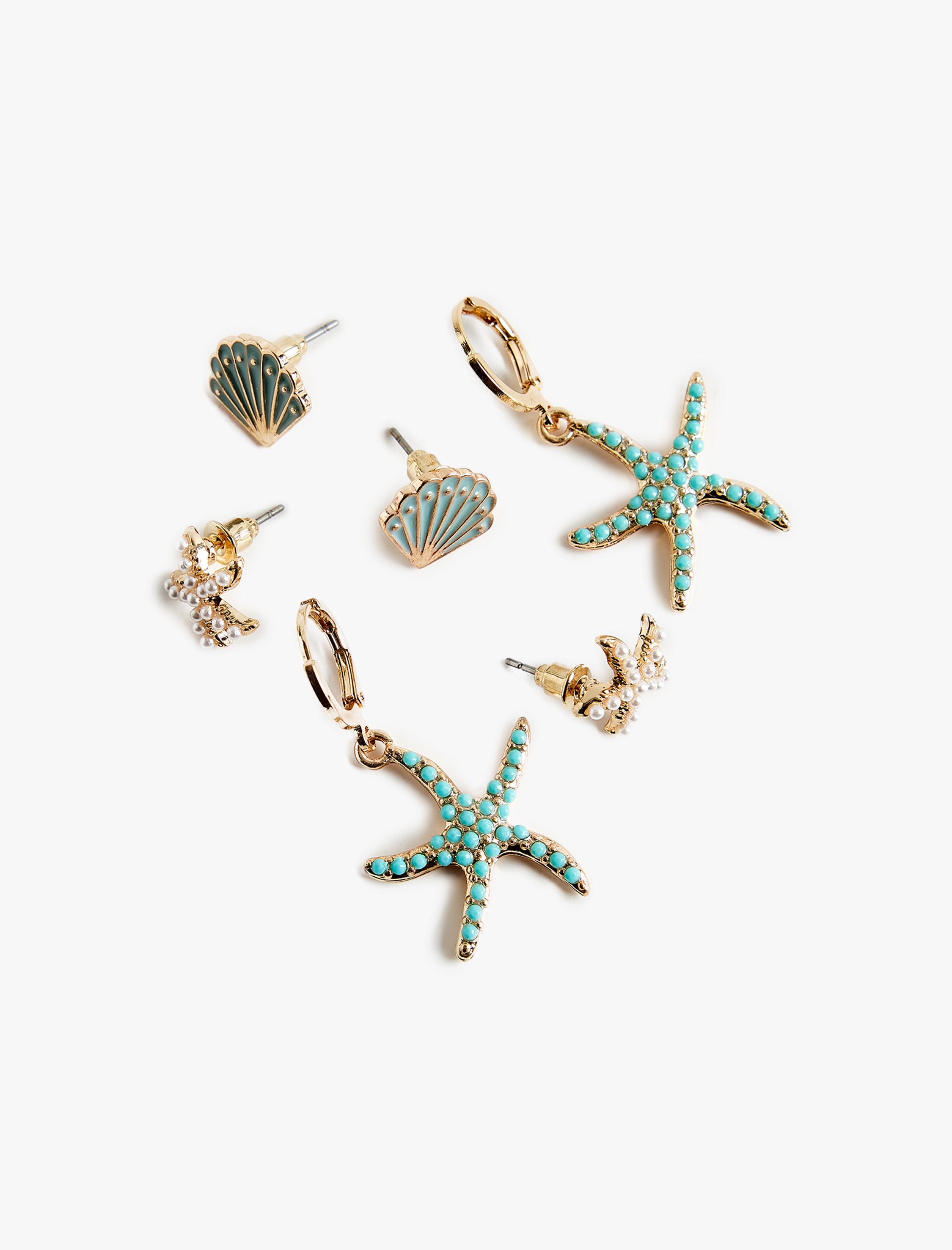  Kadın 3'lü Boncuk Detaylı Çelik Karışımlı Deniz Yıldızı Küpe Seti