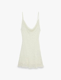 Degaje Yaka İnce Askılı Mini Dantel Elbise