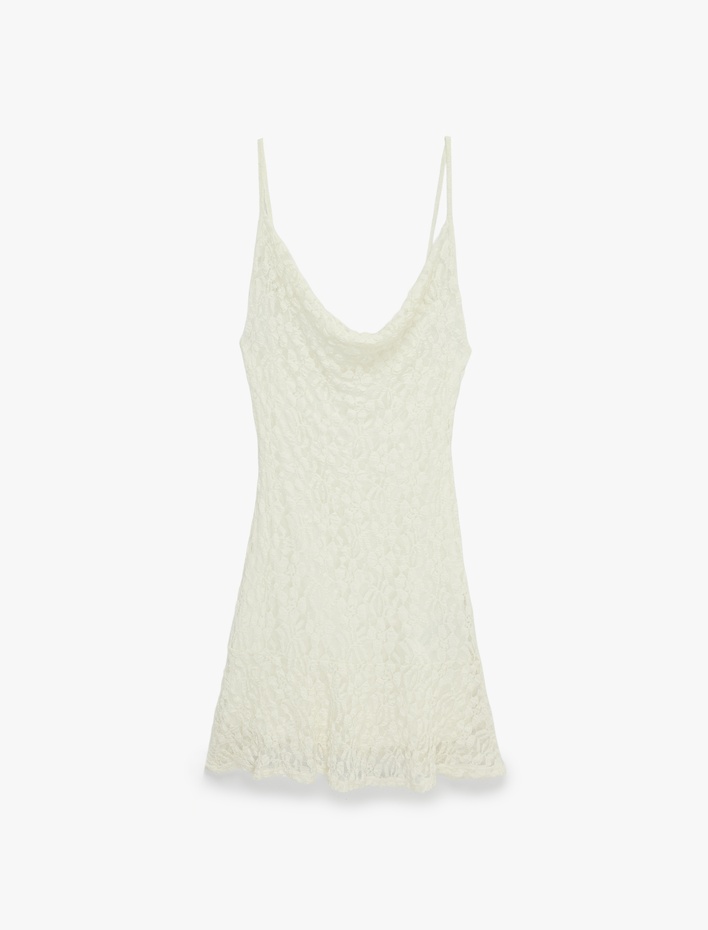  Degaje Yaka İnce Askılı Mini Dantel Elbise