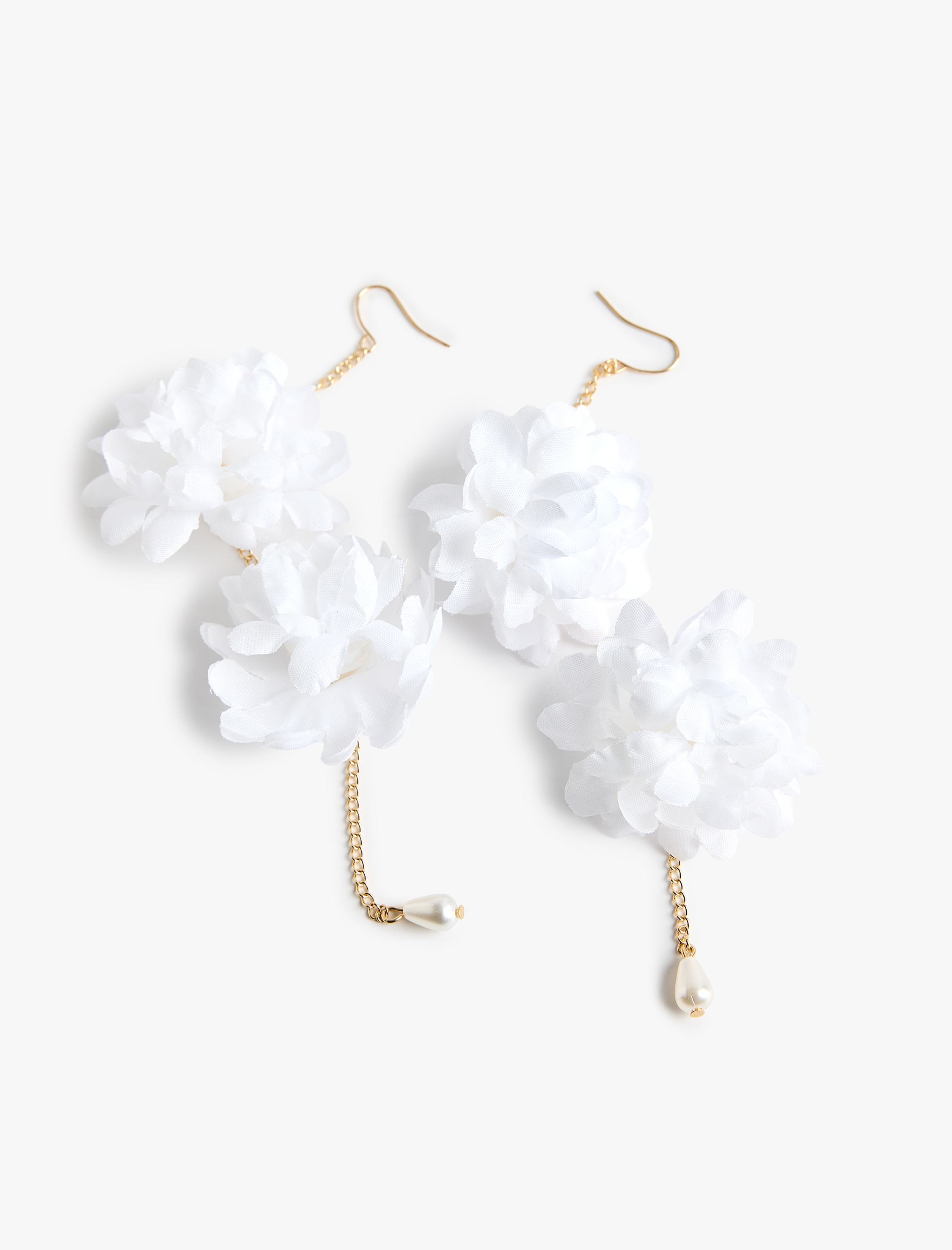  Kadın İnci Detaylı Büyük Boy Sallantılı Zincirli Çiçekli Küpe