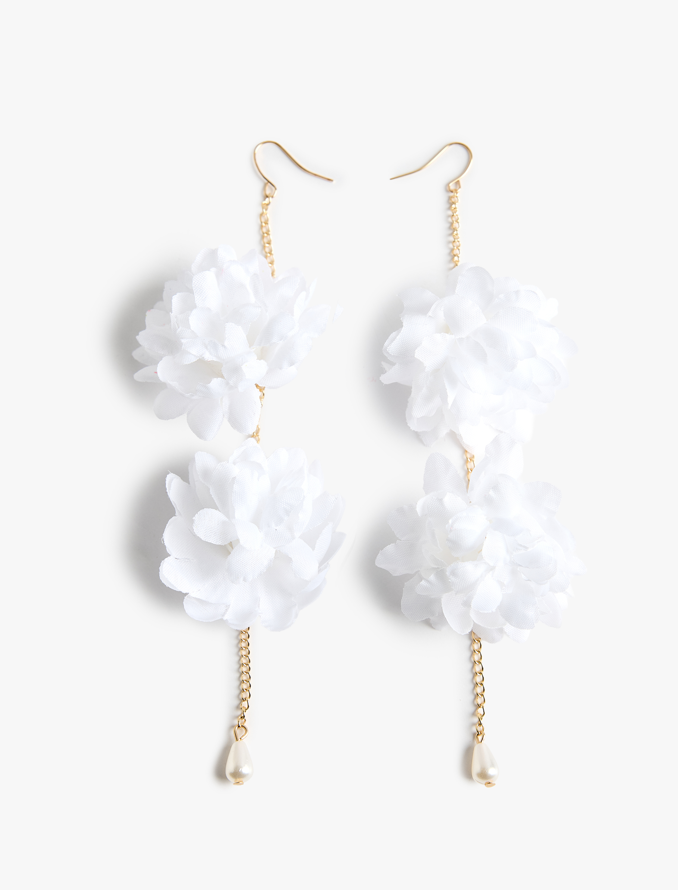  Kadın İnci Detaylı Büyük Boy Sallantılı Zincirli Çiçekli Küpe