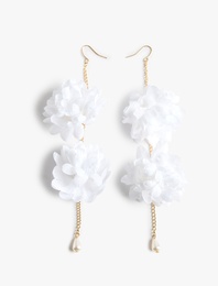 İnci Detaylı Büyük Boy Sallantılı Zincirli Çiçekli Küpe