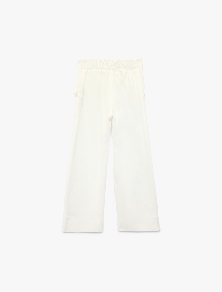 Kız Çocuk Keten ve Viskon Karışımlı Düğmeli Geniş Paça Pantolon