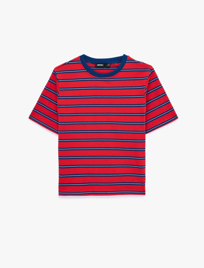  Pamuklu Regular Fit Kısa Kollu Bisiklet Yaka Çizgili Tişört