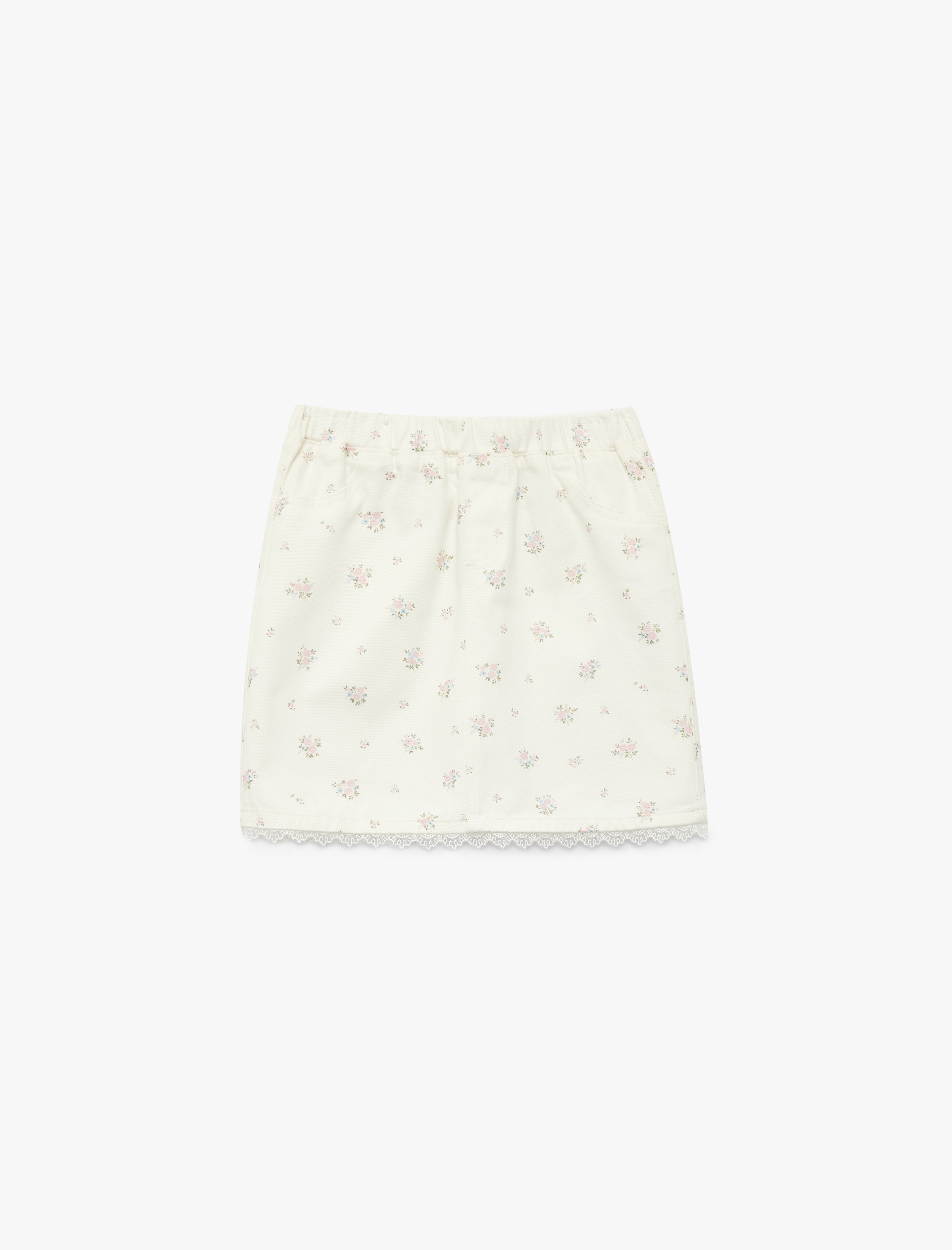  Kız Çocuk Pamuklu Beli Lastikli Dantel Detaylı Çiçekli Etek