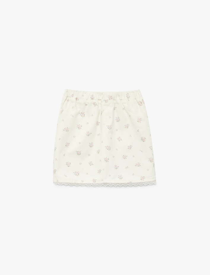 Kız Çocuk Pamuklu Beli Lastikli Dantel Detaylı Çiçekli Etek